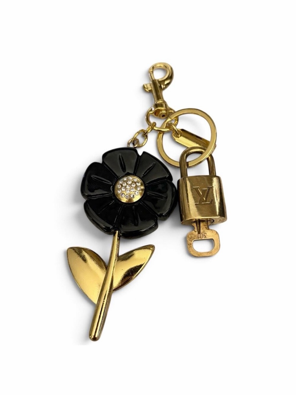 Louis Vuitton Lock & Key #301 w/a Black Flower Crystal Charm Gold Tone Keychain